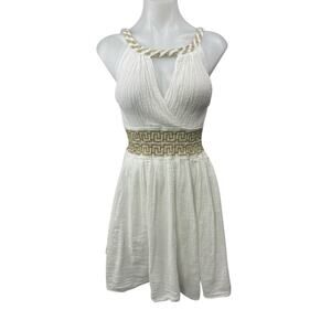 Grimani White Cotton Gauze Sleeveless Smocked Faux Wrap Mini A-Line Dress Sz OS